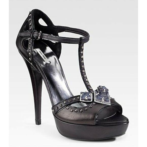 Miu Miu Black Leather Studded Ankle T Strap Platform Sandals - Picture 12 of 12